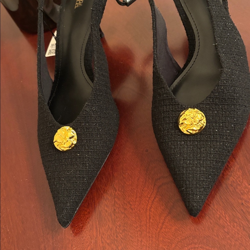 Zara tweed textured decorative button pointed toe black sling back heels sz.8 - Picture 11 of 13
